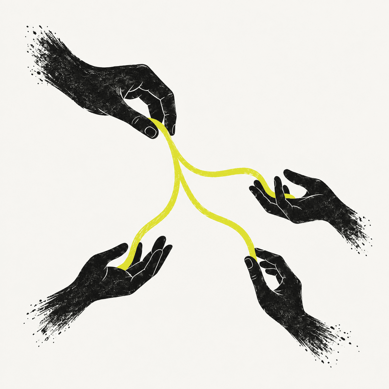 An editorial illustration of knowledge reaching from one hand to another.