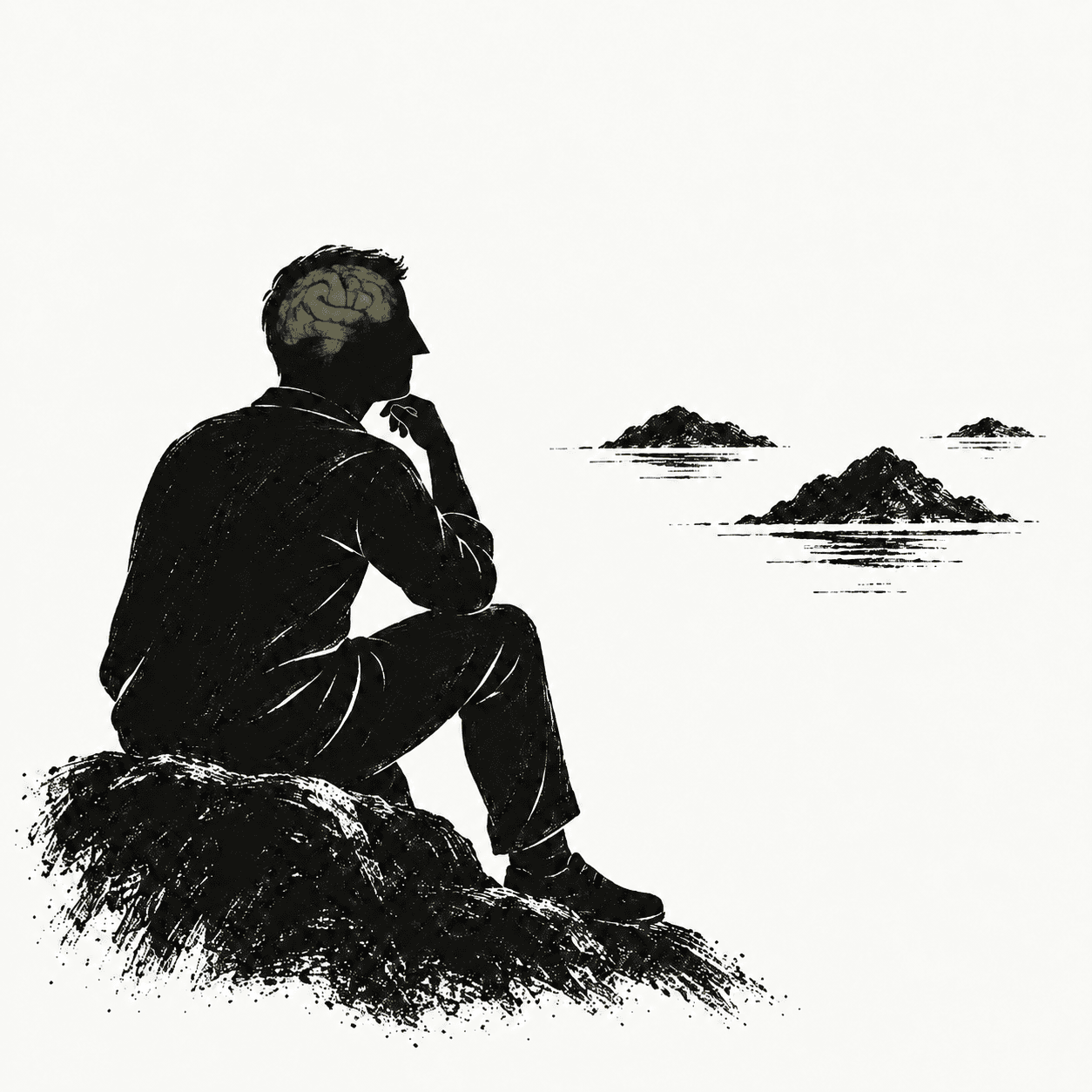 A seated black thinker, seen from behind his left shoulder, looks toward distant islands; a faint citron brain shows through his head.